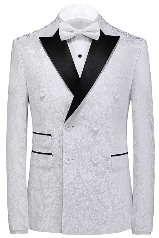White Jacquard Three Piece Double Breasted Prom Suit