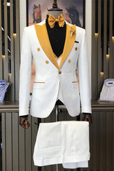 White Jacquard Three Piece Peaked Lapel Wedding Suit for Men