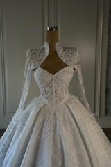 White Lace Ball Gown Wedding Dress with Long Sleeve Bolero Jacket