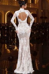 White Lace Mermaid Wedding Dress with High Neck and Long Sleeves