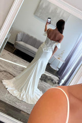 White Lace Off The Shoulder Wedding Dress With Corset Bodice And High Slit Formal Evening Gown
