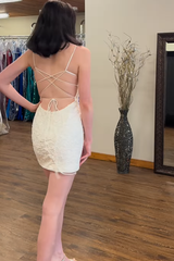 White Lace Tight Homecoming Dresses Spaghetti Straps Short Cocktail Dresses