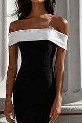 Dressystars White Mermaid Off The Shoulder Long Satin Black Tie Dress