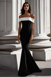 Dressystars White Mermaid Off The Shoulder Long Satin Black Tie Dress