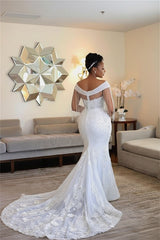 White Mermaid Off the Shoulder Beaded Tulle Appliques Bridal Dress