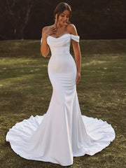 White Satin Mermaid Wedding Dress with Off-the-Shoulder Neckline and Cap Sleeves