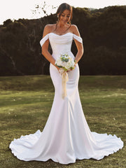 White Satin Mermaid Wedding Dress with Off-the-Shoulder Neckline and Cap Sleeves