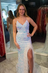 White Sequins Long Mermaid Prom Dress with Feathers