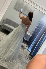 White Sequins Prom Dress Sweetheart A Line Corset Long Formal Dress With 3D Flower