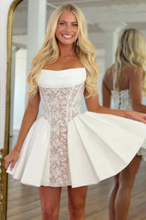 White Strapless Homecoming Dress Lace Ball Gown Short Wedding Dress