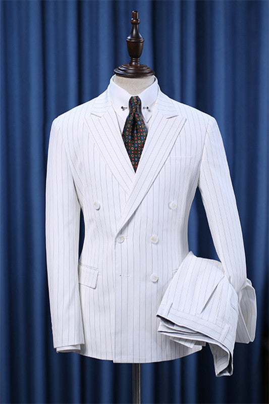 White Striped Double Breasted Peaked Lapel Suit