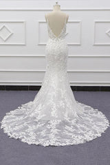 White Tulle Wedding Dress Lace Appliques Spaghetti Straps Mermaid Bridal Dress