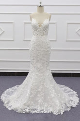 White Tulle Wedding Dress Lace Appliques Spaghetti Straps Mermaid Bridal Dress
