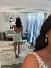 Dressystars White V Neck Pearl Embellished Short Homecoming Dress