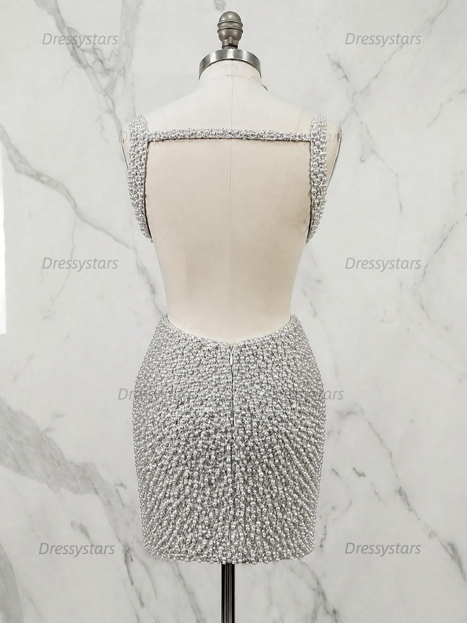 Dressystars White V Neck Pearl Embellished Short Homecoming Dress