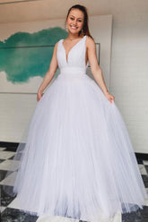White V Neck Tulle Long Bridal Dress