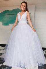 White V Neck Tulle Long Bridal Dress