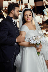 White Wedding Dress A Line Off The Shoulder Sleeveless Beaded Ruffle Long Satin Bridal Gown With Slit