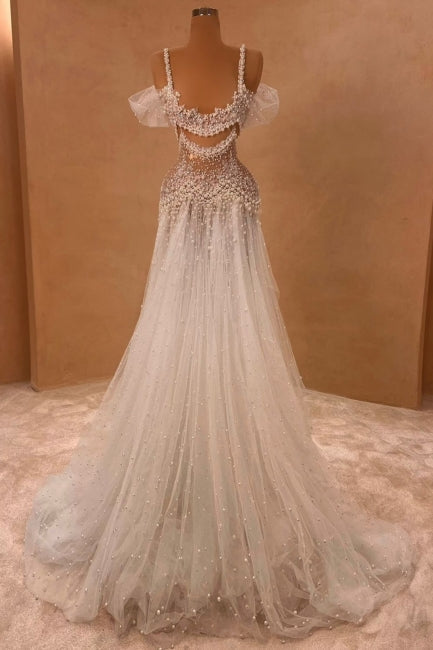 White Wedding Dress A Line Off The Shoulder Spaghetti Strap Beaded Lace Sleeveless Long Tulle Bridal Gown With Pearls