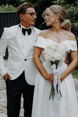 White Wedding Dress A Line Off The Shoulder Split Front Lace Up Long Bridal Gown Panel Train