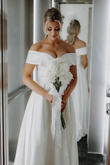 White Wedding Dress A Line Off The Shoulder Split Front Lace Up Long Bridal Gown Panel Train