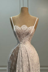 White Wedding Dress A Line Spaghetti Strap Sleeveless Sweep Train Lace Bridal Gown