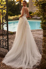 White Wedding Dress A Line Spaghetti Strap V Neck Beaded Sleeveless Long Tulle Bridal Gown With Appliques