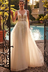 White Wedding Dress A Line Spaghetti Strap V Neck Beaded Sleeveless Long Tulle Bridal Gown With Appliques