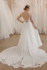 White Wedding Dress A Line Spaghetti Strap V Neck Sleeveless Long Chiffon Split Front Bridal Gown With Appliques