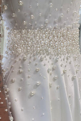 White Wedding Dress A Line Spaghetti Straps Sleeveless Beaded Chapel Train Satin Bridal Gown With Pearls