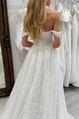 White Wedding Dress A Line Strapless Off The Shoulder Sleeveless Beaded Chapel Train Tulle Bridal Gown With Pearls