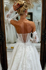 White Wedding Dress A Line Strapless Sleeveless Cathedral Train Lace Bridal Gown With Appliques