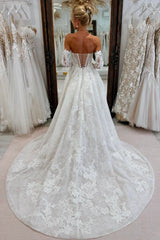 White Wedding Dress A Line Strapless Sleeveless Cathedral Train Lace Bridal Gown With Appliques