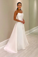 White Wedding Dress A Line Strapless Sleeveless Floor Length Satin Bridal Gown With Ruffles