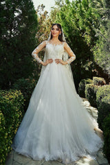 White Wedding Dress A Line Sweetheart Long Sleeves Long Tulle Bridal Gown With Appliques