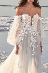 White Wedding Dress A Line Tulle Off the Shoulder Long Sleeves Bridal Dress with Appliques