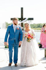 White Wedding Dress A Line V Neck Long Sleeves Lace Chapel Train Bridal Gown With Appliques