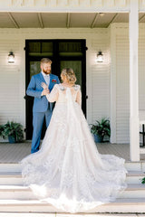White Wedding Dress A Line V Neck Long Sleeves Lace Chapel Train Bridal Gown With Appliques