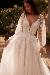 White Wedding Dress A Line V Neck Long Sleeves Sweep Train Tulle Bridal Gown With Appliques