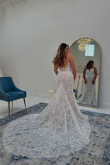 White Wedding Dress Boho Mermaid Spaghetti Straps Sleeveless Lace Cathedral Train Bridal Gown