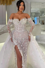 White Wedding Dress Column Sweetheart Off The Shoulder Long Sleeves Panel Train Lace Bridal Gown With Slit
