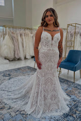 White Wedding Dress Lace Mermaid Boho Sweetheart Spaghetti Strap Sleeveless Cathedral Train Tulle Bridal Gown
