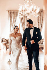 White Wedding Dress Lace Mermaid Sweetheart Off The Shoulder Beaded Long Sleeves Sweep Train Bridal Gown