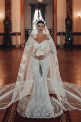 White Wedding Dress Lace Mermaid Sweetheart Off The Shoulder Beaded Long Sleeves Sweep Train Bridal Gown