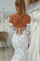 White Wedding Dress Lace Mermaid Sweetheart Off The Shoulder Long Sleeves Cathedral Train Bridal Gown