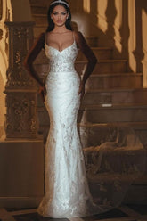 White Wedding Dress Lace Mermaid Sweetheart Spaghetti Strap Long Bridal Gown