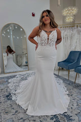 White Wedding Dress Lace Mermaid V Neck Spaghetti Strap Sleeveless Backless Cathedral Train Satin Bridal Gown