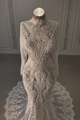 White Wedding Dress Mermaid Lace Beaded High Neck Long Sleeves Chapel Train Bridal Gown