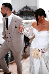 White Wedding Dress Mermaid Lace Strapless Off The Shoulder Beaded Long Sleeves Chapel Train Bridal Gown With Appliques