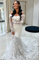 White Wedding Dress Mermaid Lace Strapless Off The Shoulder Beaded Long Sleeves Chapel Train Bridal Gown With Appliques